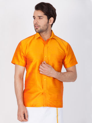 Men's Orange Cotton Silk Blend Ethnic Shirt
