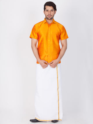 Men's Orange Cotton Silk Blend Ethnic Shirt