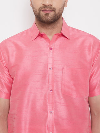 VM BY VASTRAMAY Men's Pink and White Silk Blend Shirt And Mundu Set