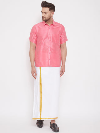 VM BY VASTRAMAY Men's Pink and White Silk Blend Shirt And Mundu Set