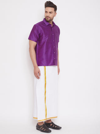 VM By VASTRAMAY Men's Purple and White Silk Blend Shirt And Mundu Set