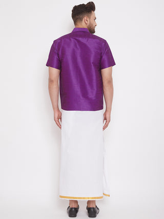 VM By VASTRAMAY Men's Purple and White Silk Blend Shirt And Mundu Set