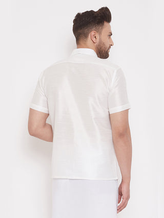 VASTRAMAY Men's White Silk Blend Ethnic Shirt