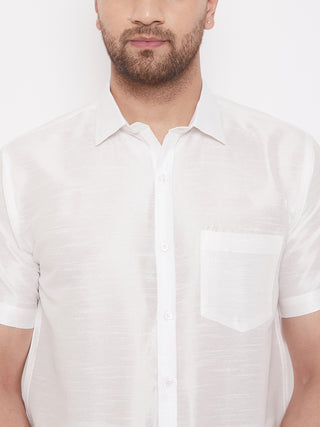 VASTRAMAY Men's White Silk Blend Ethnic Shirt