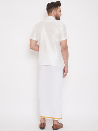 VM By VASTRAMAY Men's White Silk Blend Shirt And Mundu Set