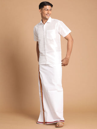 VASTRAMAY Men's White Silk Blend Shirt And Mundu Set