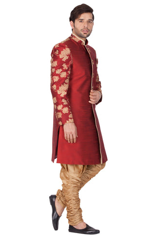 Men's Maroon Cotton Silk Blend Sherwani Set