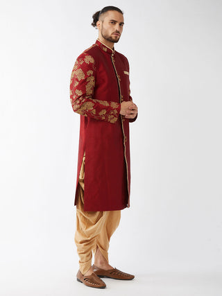 VM By VASTRAMAY Men's Maroon And Gold Silk Blend Sherwani Set