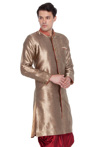 VASTRAMAY Men's Gold Cotton Silk Blend Sherwani Top