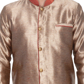 VASTRAMAY Men's Gold Cotton Silk Blend Sherwani Only Top