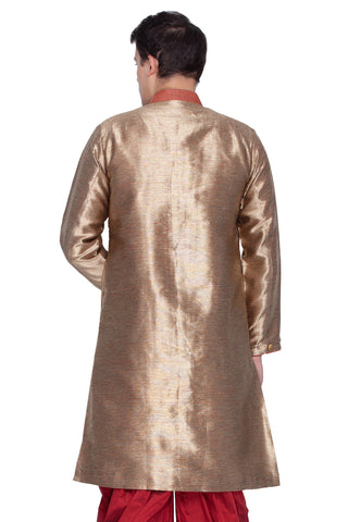 VASTRAMAY Men's Gold Cotton Silk Blend Sherwani Top