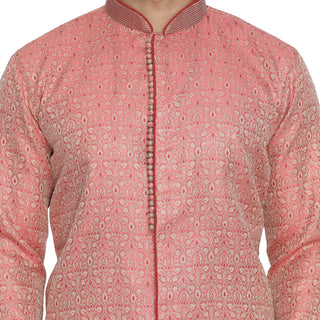 VASTRAMAY Men's Pink Cotton Silk Blend Sherwani Top