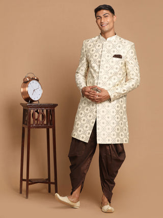 Vastramay Men's Beige Color Silk Blend Sherwani Top