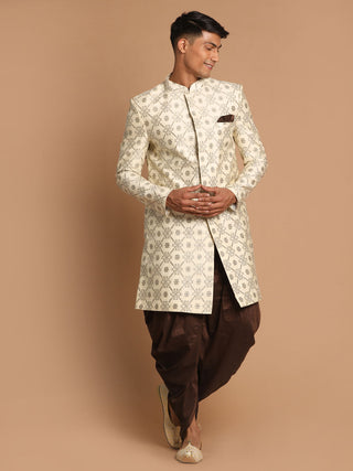VASTRAMAY Men's Beige And Coffee Silk Blend Royal Looking Sherwani Set
