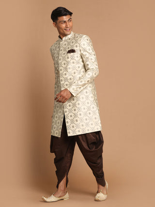 VASTRAMAY Men's Beige And Coffee Silk Blend Royal Looking Sherwani Set