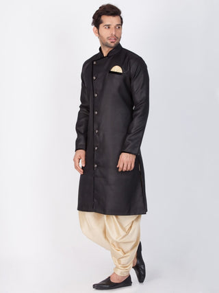 Vastramay Men and Boys Black Cotton Blend Sherwani Style Kurta Set