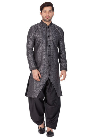 Men's Grey Cotton Silk Blend Sherwani Set
