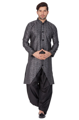 Vastramay Men and Boys Grey Silk Blend Sherwani Style Kurta Set
