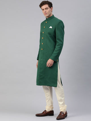 VASTRAMAY Men Green & Off-White Self-Design Sherwani with Churidar