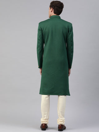 VASTRAMAY Men Green & Off-White Self-Design Sherwani with Churidar