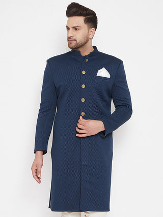 VASTRAMAY Men's Navy Blue Silk Blend Sherwani Top
