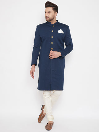 VASTRAMAY Men's Navy Blue Silk Blend Sherwani Set