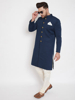 VASTRAMAY Men's Navy Blue Silk Blend Sherwani Set