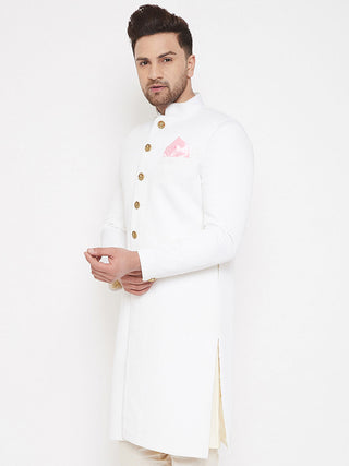 VASTRAMAY Men's White Silk Blend Sherwani Top