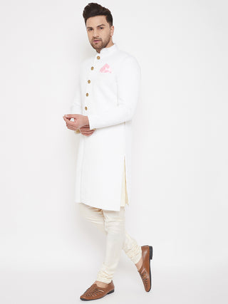 VASTRAMAY Men's White Silk Blend Sherwani Set