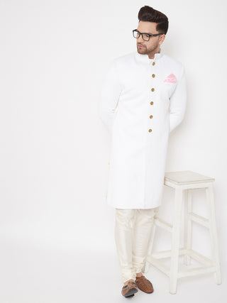VASTRAMAY Men's White Silk Blend Sherwani Set