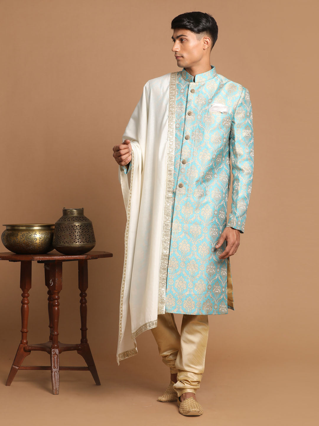 Men's Sea Green And Gold Brocade Jacquard Sherwani Set With Cream Dupatta
