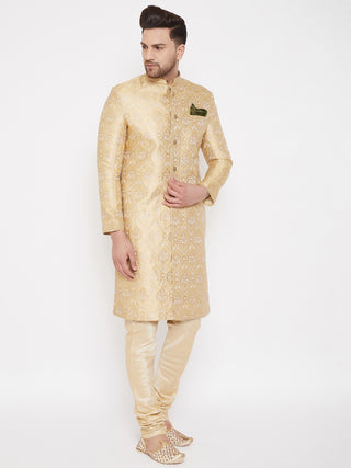 VASTRAMAY Men's Golden Brocade Slim Fit Sherwani Set