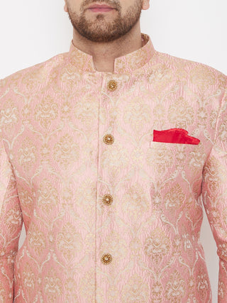 Vastramay Men's Pink And Gold Silk Blend Sherwani Set