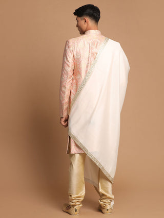 Vastramay Men's Pink And Gold Silk Blend Sherwani Set With Cream Colour Dupatta