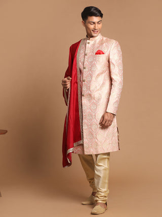 Vastramay Men's Pink And Gold Silk Blend Sherwani Set With Maroon Dupatta