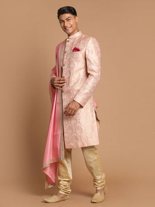 Vastramay Men's Pink And Gold Silk Blend Sherwani Set With Pink Dupatta