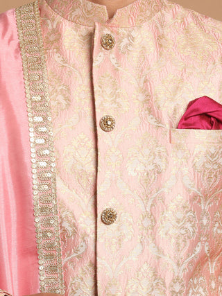 Vastramay Men's Pink And Gold Silk Blend Sherwani Set With Pink Dupatta
