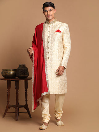 VASTRAMAY Men's Beige And Gold Embroidered Brocade Sherwani Set With Maroon Dupatta