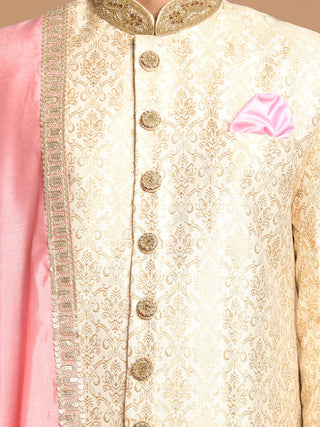 VASTRAMAY Men's Beige And Gold Embroidered Brocade Sherwani Set With Pink Dupatta