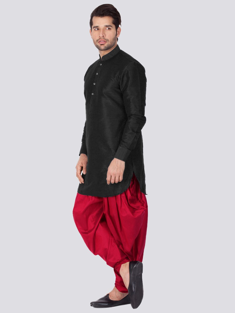 Men's Black Cotton Silk Blend Kurta and Dhoti Pant Set