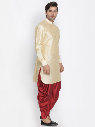 Vastramay Silk Blend Gold And Maroon Baap Beta Dhoti Kurta Set