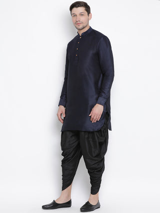 Men's Dark Blue Cotton Silk Blend Kurta and Dhoti Pant Set