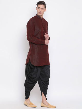 VM By VASTRAMAY Men's Burgundy Silk Blend Curved Kurta Dhoti Set