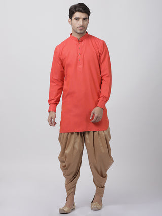 VASTRAMAY Men's Orange Cotton Blend Kurta and Dhoti Pant Set