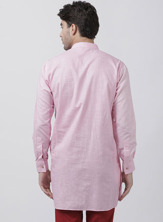 VASTRAMAY Men's Pink Cotton Linen Blend Kurta