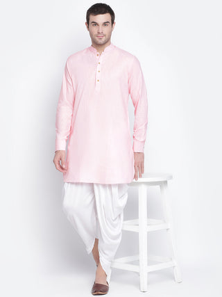 VASTRAMAY Men's Pink And White Cotton Blend Dhoti Kurta Set