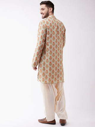 VASTRAMAY Men's Multicolor-Base-Beige And Cream Muslin Cotton Kurta and Patiala Set