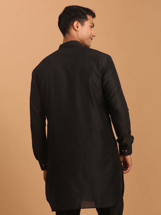 VASTRAMAY Men's Black Silk Blend Curved Hem Kurta