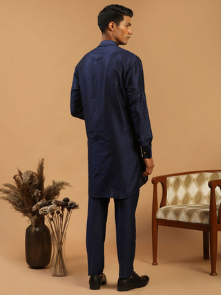 VASTRAMAY Men's Blue Silk Blend Curved Hem Kurta With Pant Set