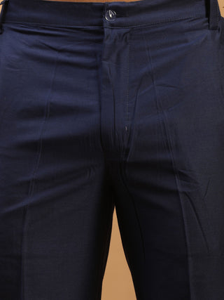 VASTRAMAY Men's Blue Silk Blend Curved Hem Kurta With Pant Set